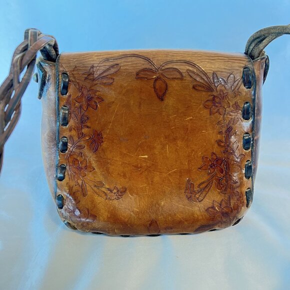 Rare Retro / Boho Rustic Hand Tooled 1970’s Heart & Floral Design Hippie Bag - Picture 5 of 10